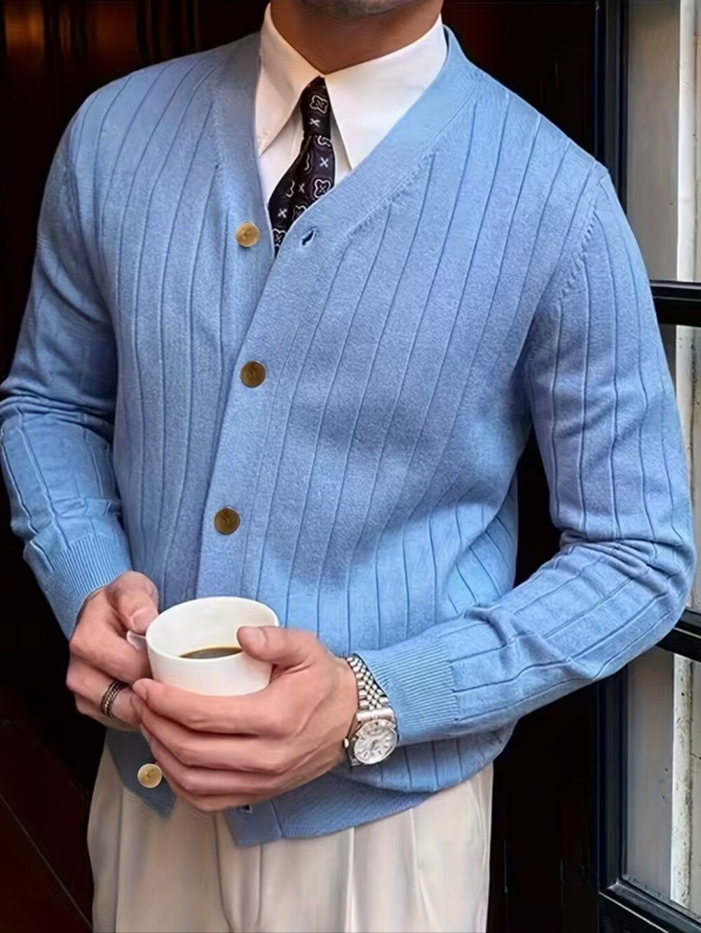 Men's Light Blue Ribbed Button Cardigan Sweater